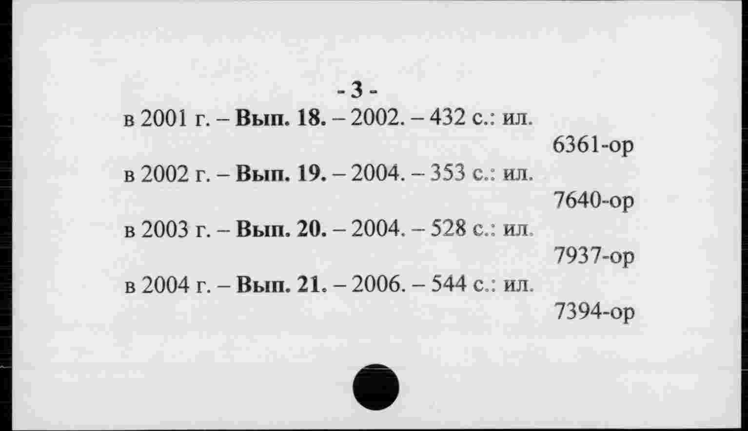 ﻿-3-
в 2001 г. - Вып. 18. - 2002. - 432 с.: ил.
6361-ор
в 2002 г. - Вып. 19. - 2004. - 353 с.: ил.
7640-ор
в 2003 г. - Вып. 20. - 2004. - 528 с.: ил.
7937-ор в 2004 г. - Вып. 21. - 2006. - 544 с.: ил.
7394-ор